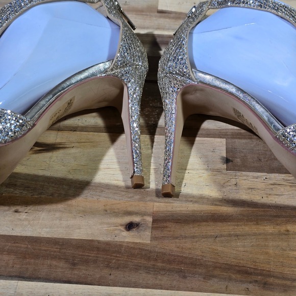David's Bridal Heels Gold Silver Glitter Peep Toe Zip Back Formal Wedding Size 9 - Picture 8 of 11